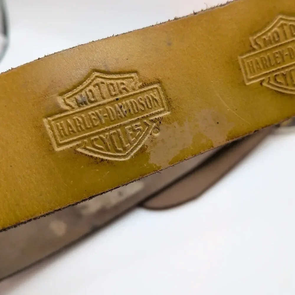 VTG Harley Davidson Motorcycles Tan Leather Logo Belt Oval Buckle 32.5in-36.5in